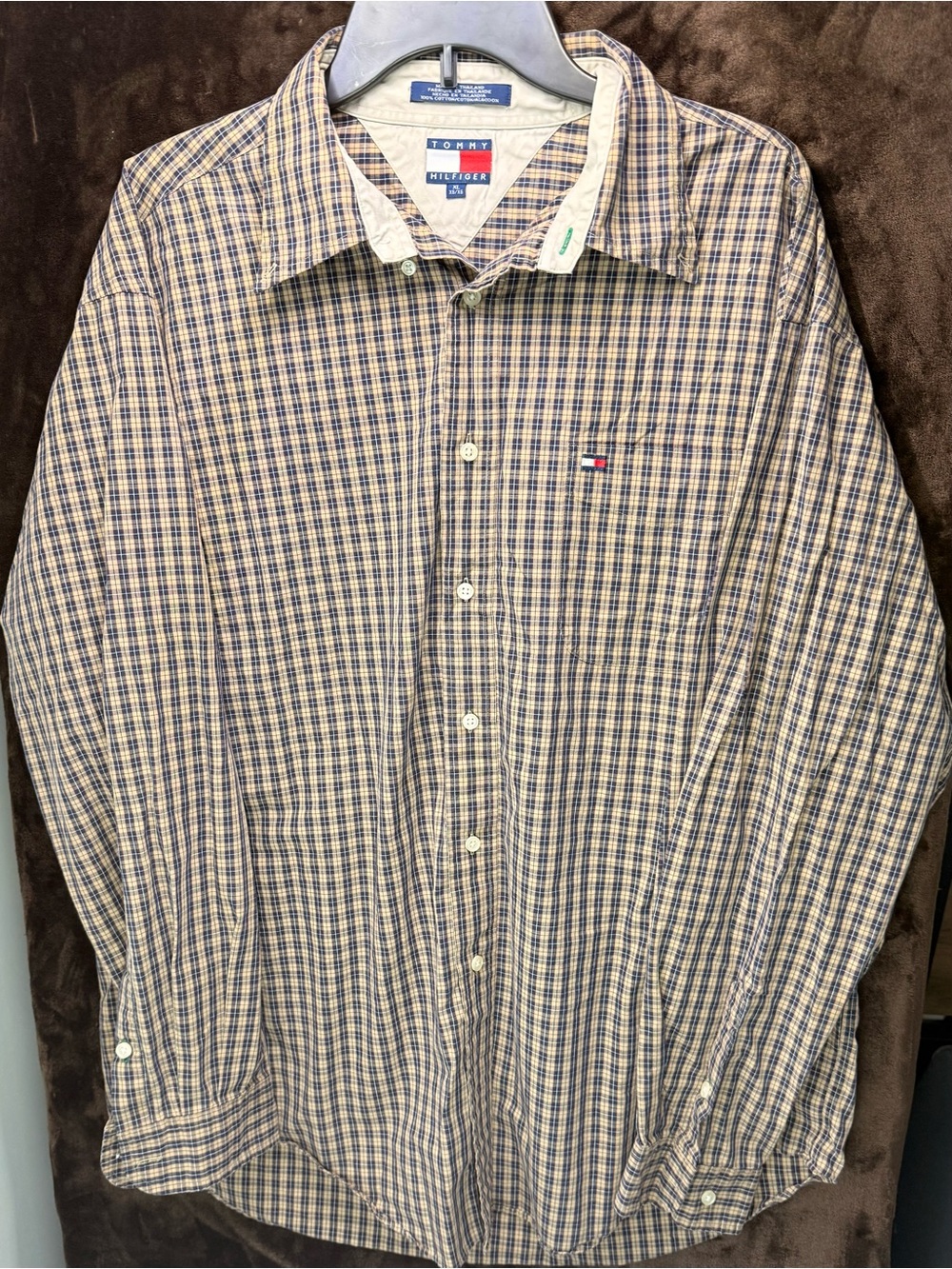 Tommy Hilfiger Blue and Tan Checked Long-Sleeve Dress Shirt